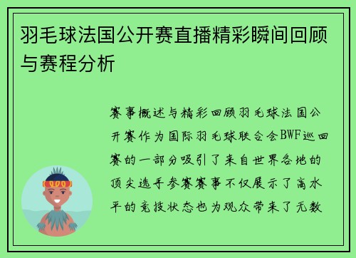 羽毛球法国公开赛直播精彩瞬间回顾与赛程分析